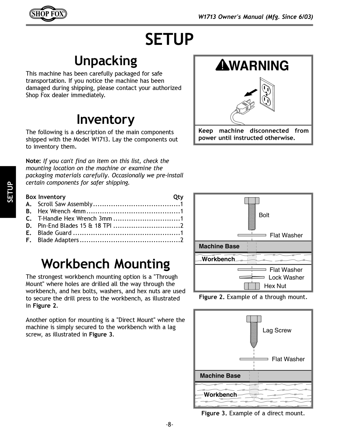 Woodstock W1713 owner manual Setup, Unpacking, Inventory, Workbench Mounting 