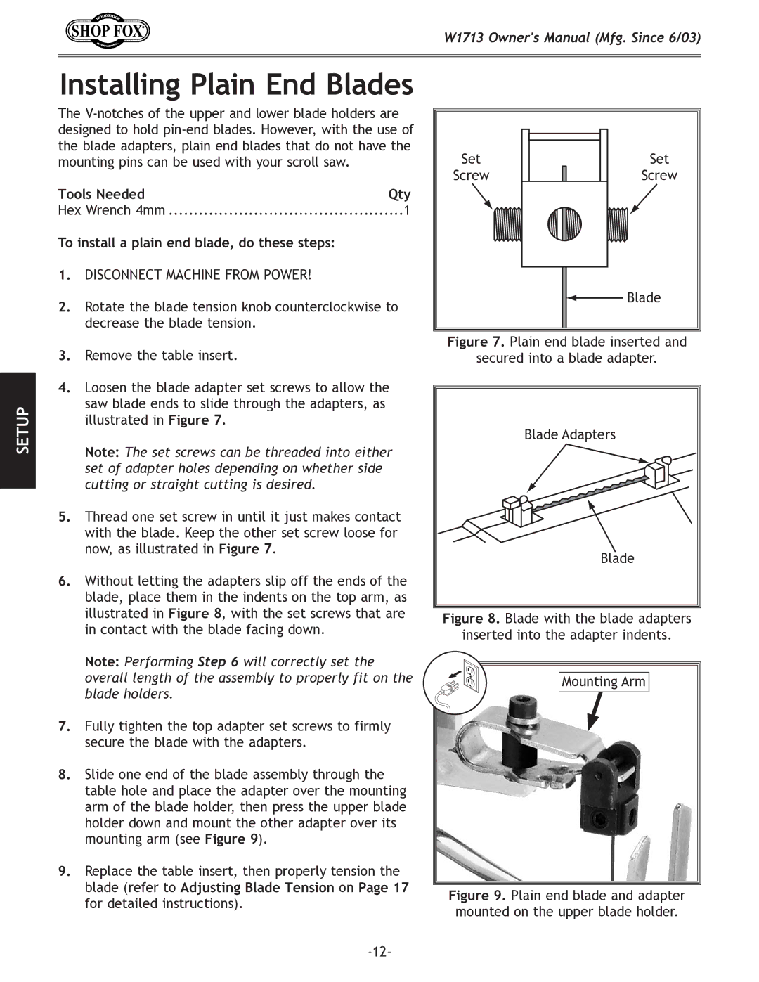 Woodstock W1713 owner manual Installing Plain End Blades, To install a plain end blade, do these steps 