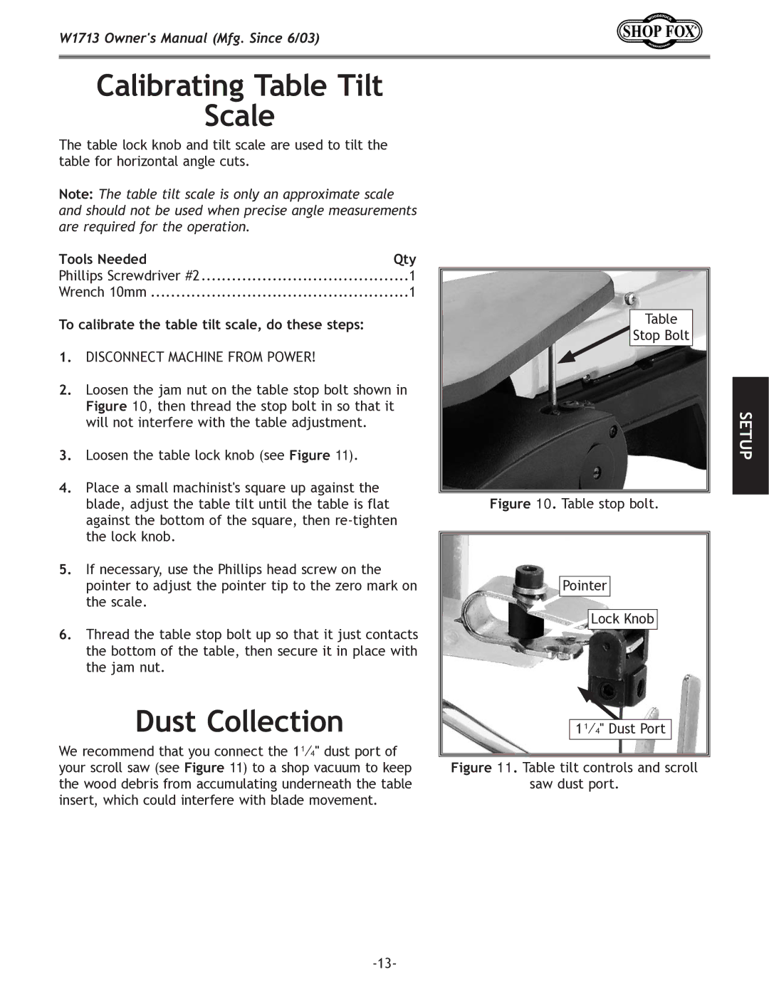 Woodstock W1713 Calibrating Table Tilt Scale, Dust Collection, To calibrate the table tilt scale, do these steps 