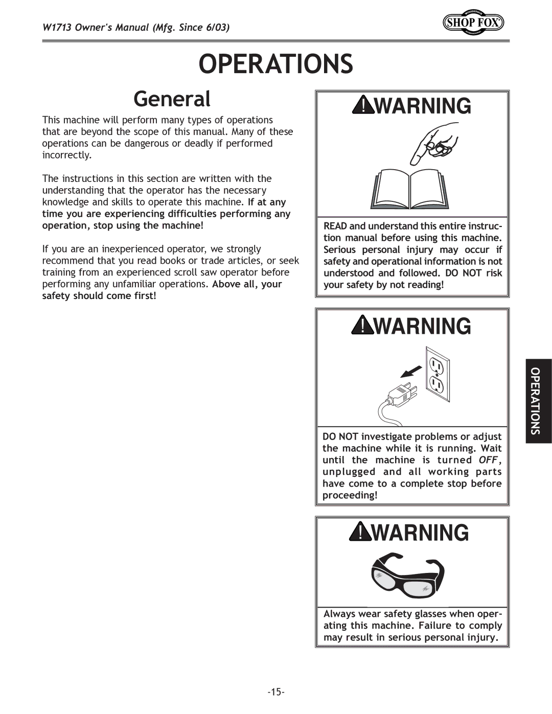 Woodstock W1713 owner manual Operations, General 