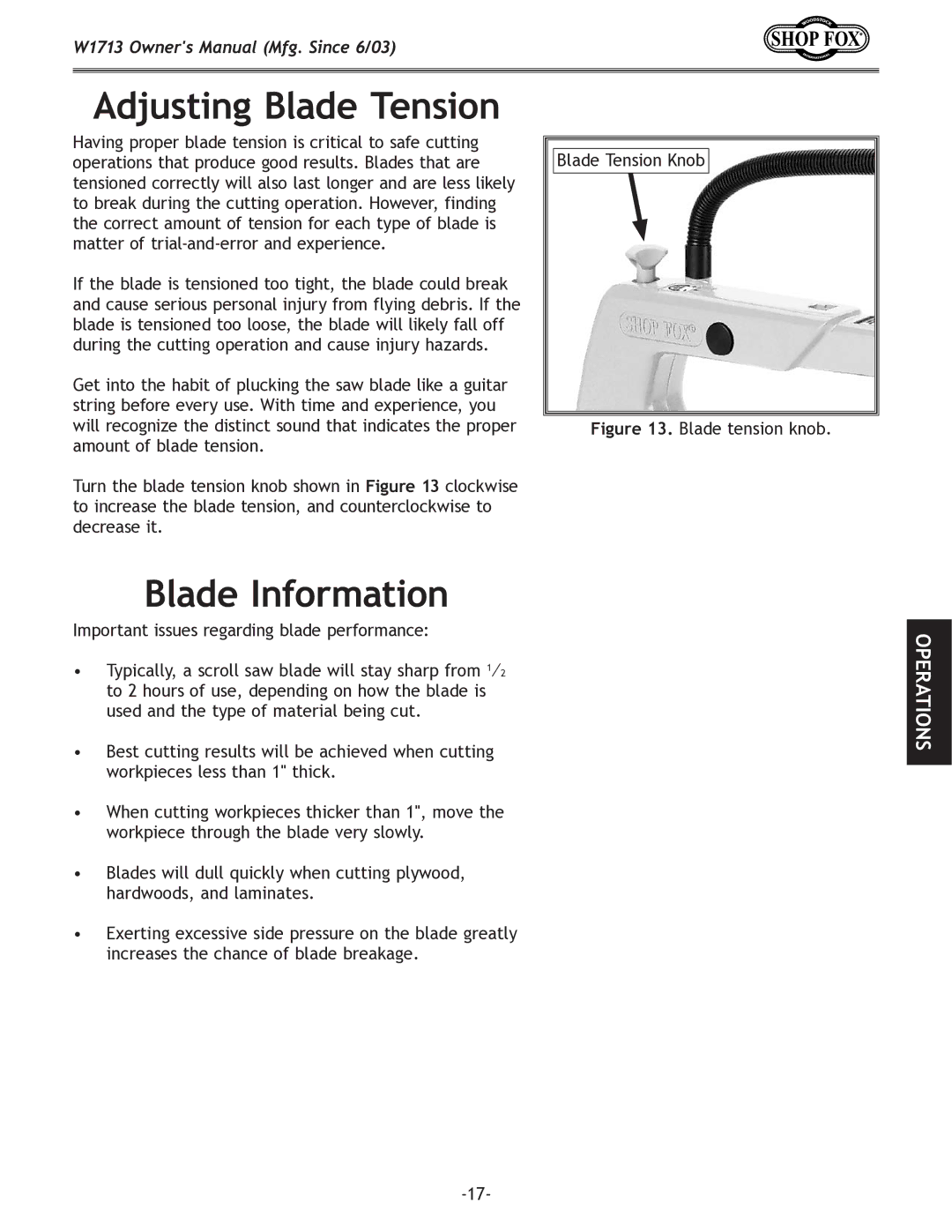 Woodstock W1713 owner manual Adjusting Blade Tension, Blade Information 