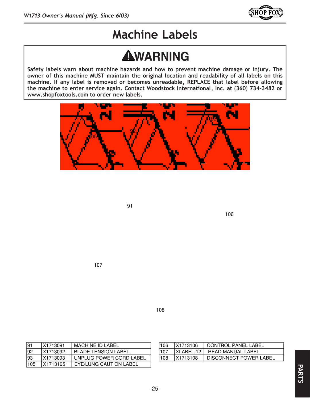 Woodstock W1713 owner manual Machine Labels 