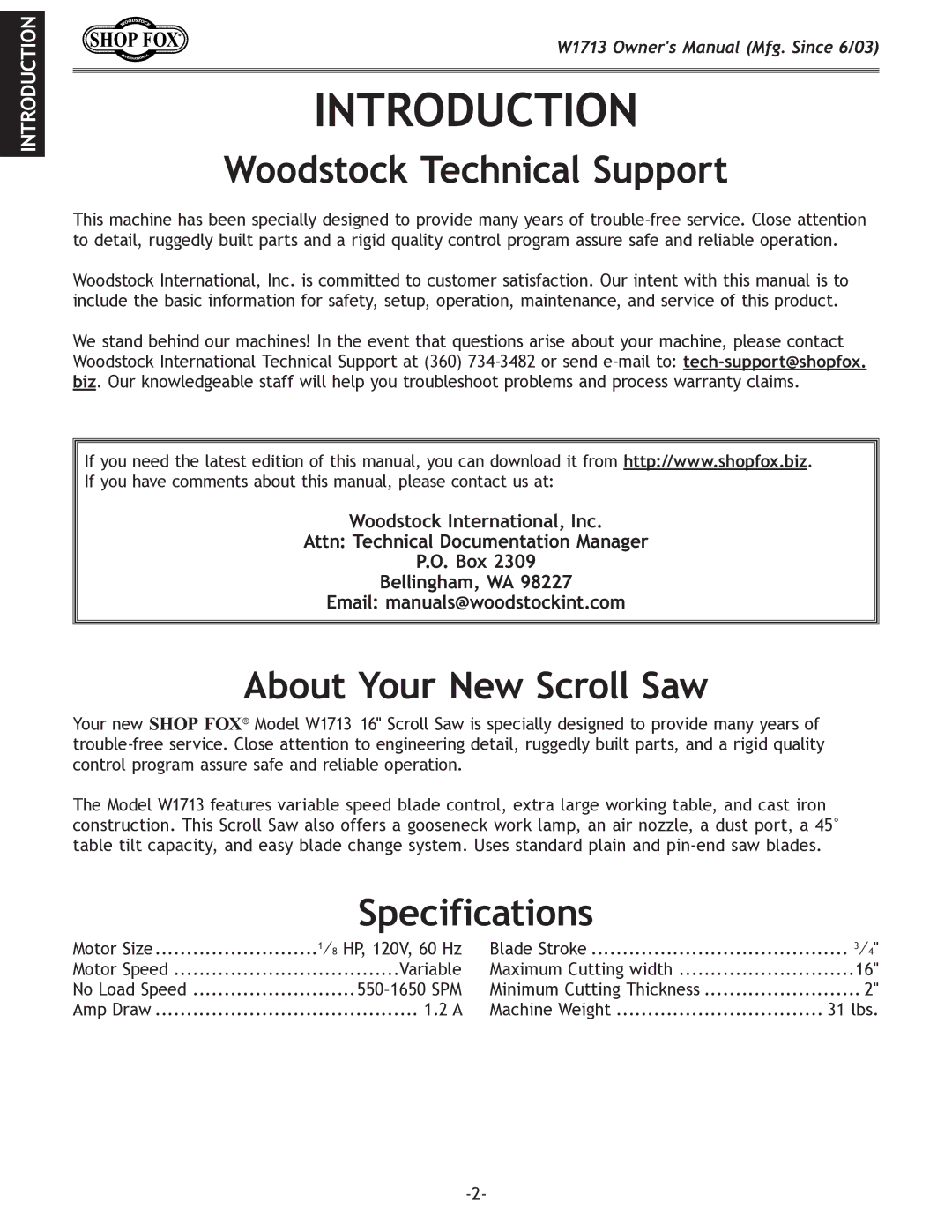 Woodstock W1713 owner manual Introduction, Woodstock Technical Support, About Your New Scroll Saw, Specifications 