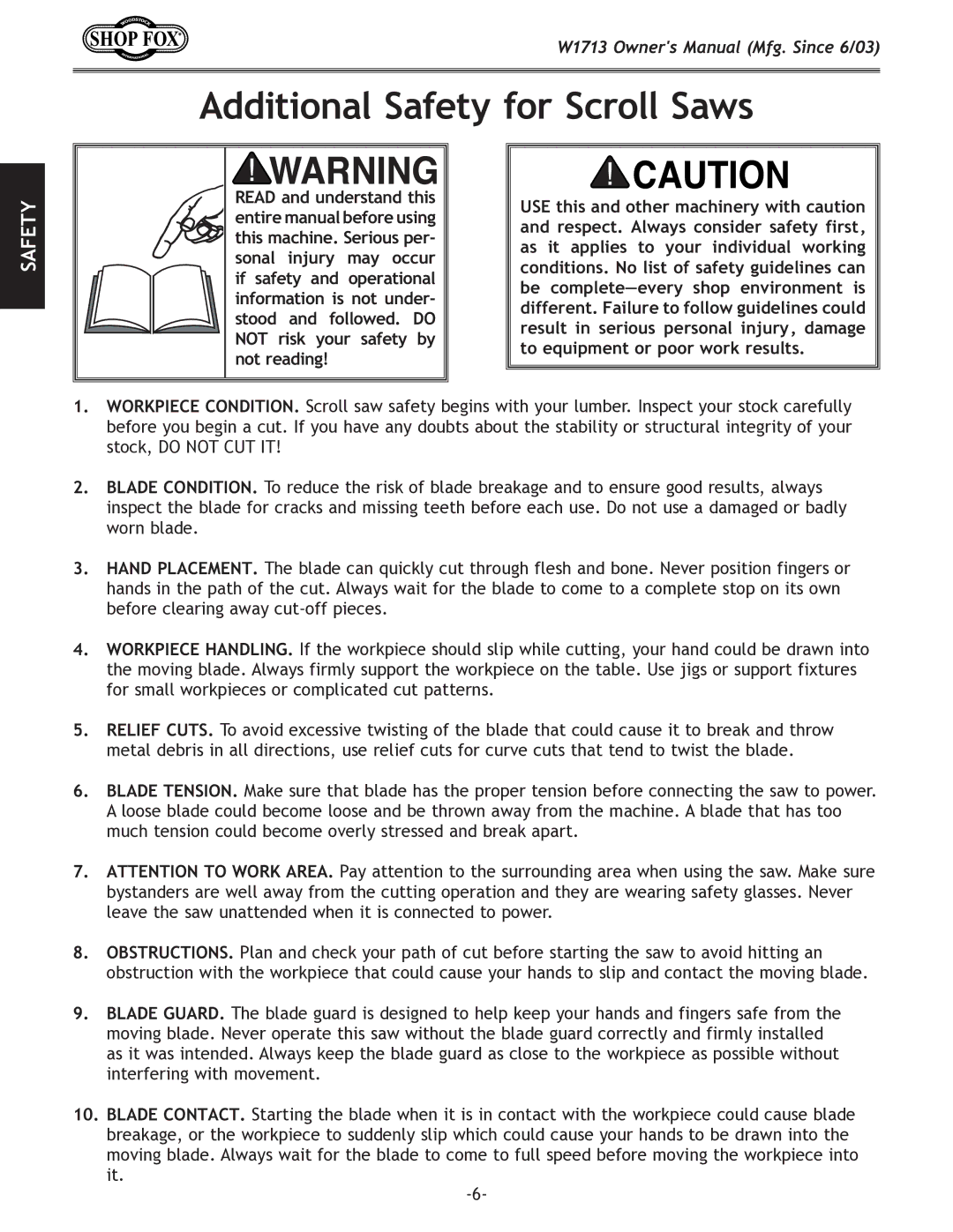 Woodstock W1713 owner manual Additional Safety for Scroll Saws 