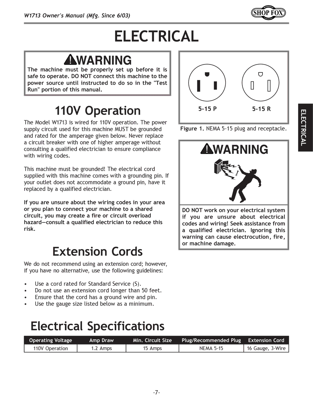 Woodstock W1713 owner manual 110V Operation, Extension Cords, Electrical Specifications 