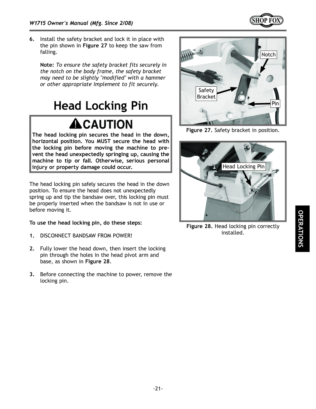 Woodstock W1715 manual ?\XCfZb`eG`e, Notch Safety Bracket Pin, Kflj\k\\XcfZb`eg`e#fk\j\jk\gj1 