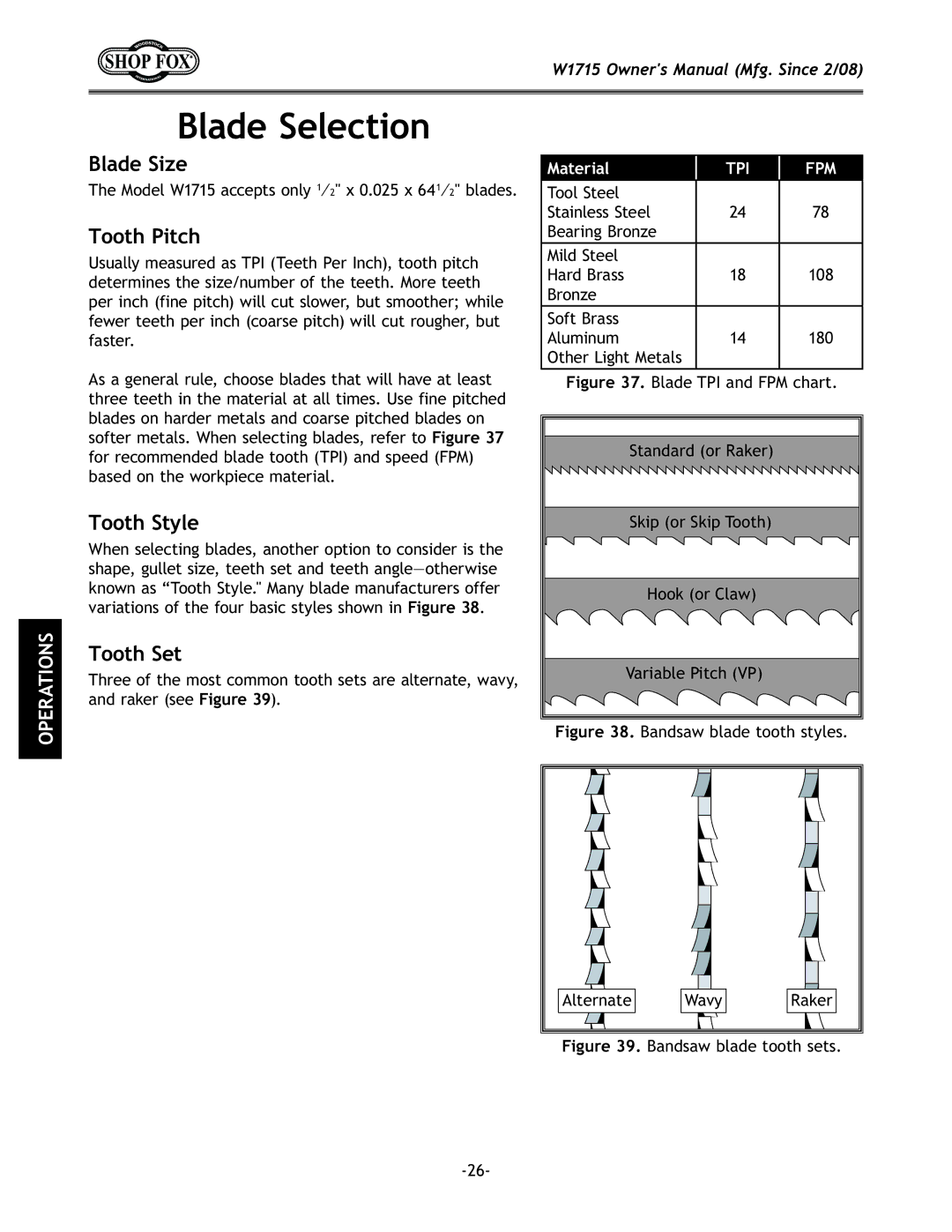 Woodstock manual 9cX\J\c\Zk`fe, Model W1715 accepts only 1⁄2 x 0.025 x 641⁄2 blades, Hook or Claw, Variable Pitch VP 