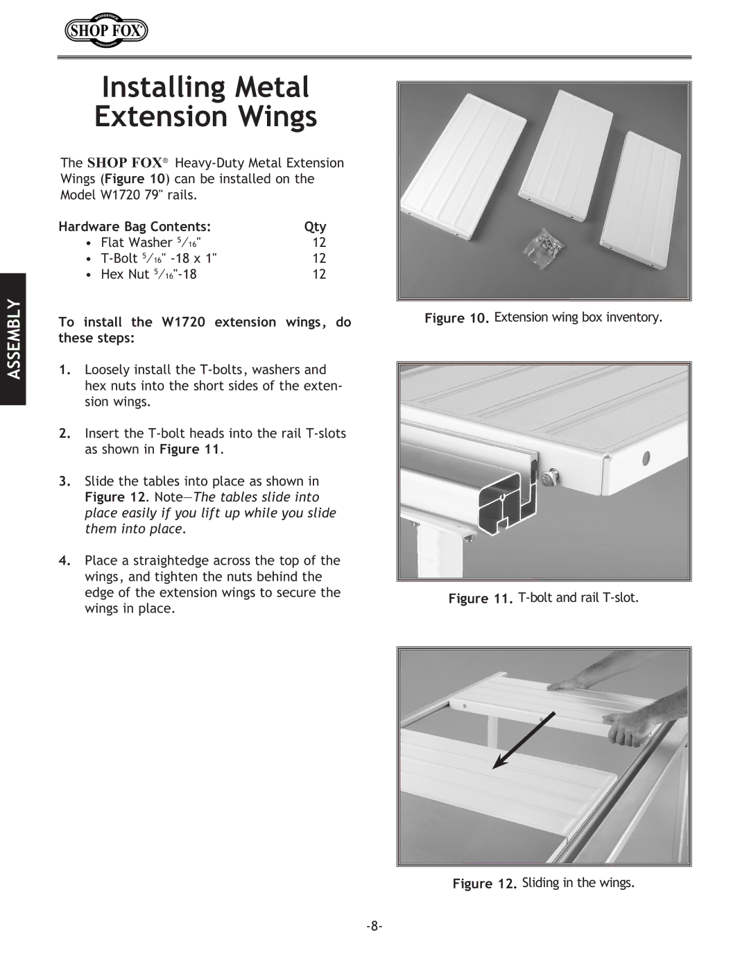 Woodstock W1716 Installing Metal Extension Wings, Hardware Bag Contents Qty, To install the W1720 extension wings, do 