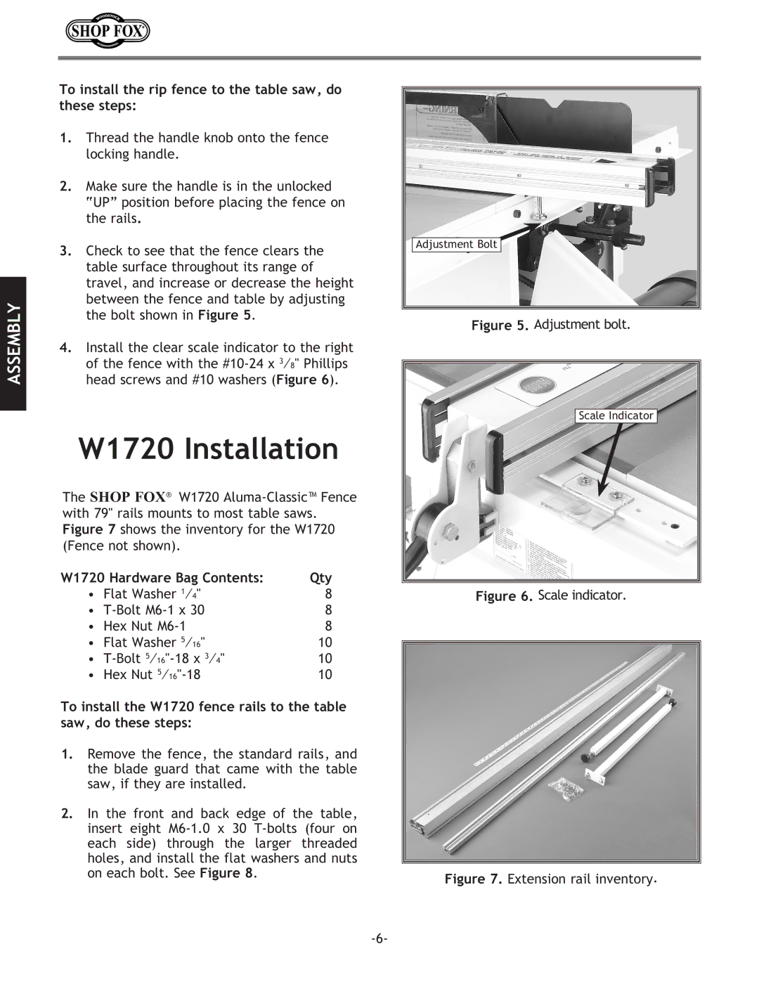 Woodstock W1716 instruction manual W1720 Installation, To install the rip fence to the table saw, do these steps 