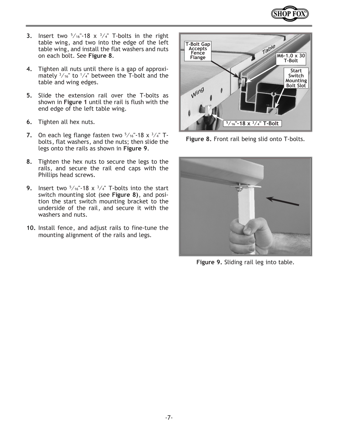 Woodstock W1720, W1716 instruction manual Front rail being slid onto T-bolts 