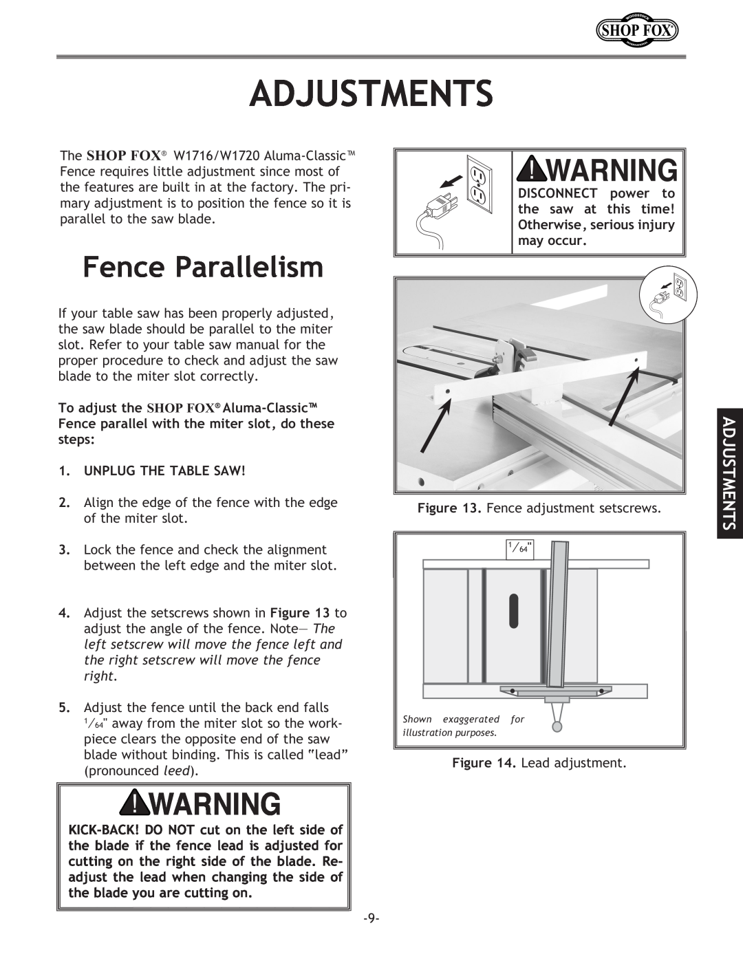 Woodstock W1720, W1716 instruction manual Adjustments, Fence Parallelism 