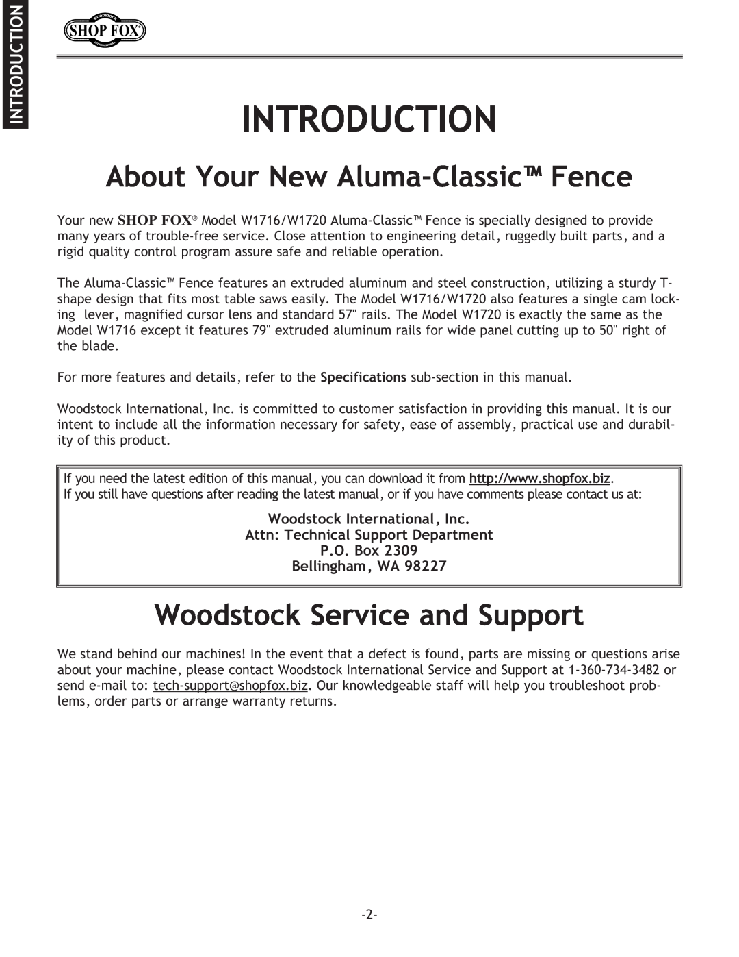 Woodstock W1716, W1720 Introduction, About Your New Aluma-ClassicFence, Woodstock Service and Support, Bellingham, WA 