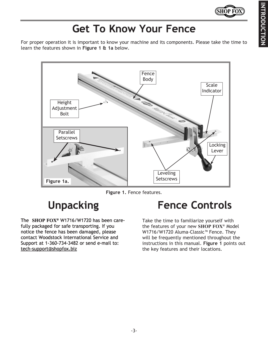 Woodstock W1720, W1716 instruction manual Get To Know Your Fence, Unpacking, Introduction, Fence Controls 