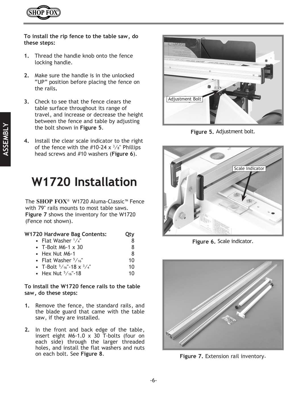 Woodstock W1716 instruction manual W1720 Installation, Assembly, W1720 Hardware Bag Contents 