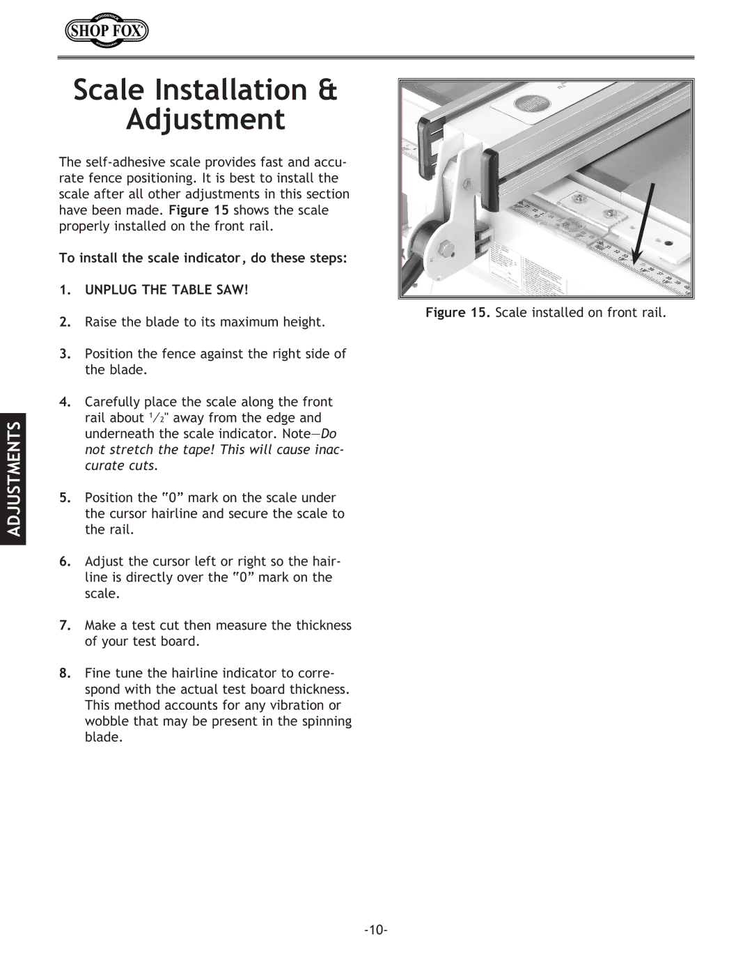 Woodstock W1716 instruction manual Scale Installation Adjustment, To install the scale indicator, do these steps 