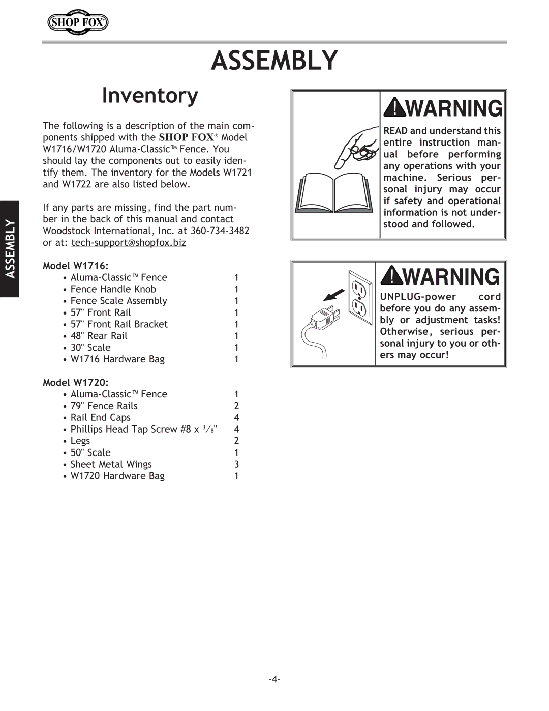 Woodstock instruction manual Inventory, Model W1716, Model W1720 