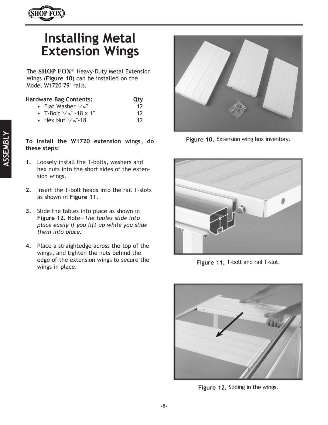 Woodstock W1716 instruction manual Installing Metal Extension Wings, Assembly 