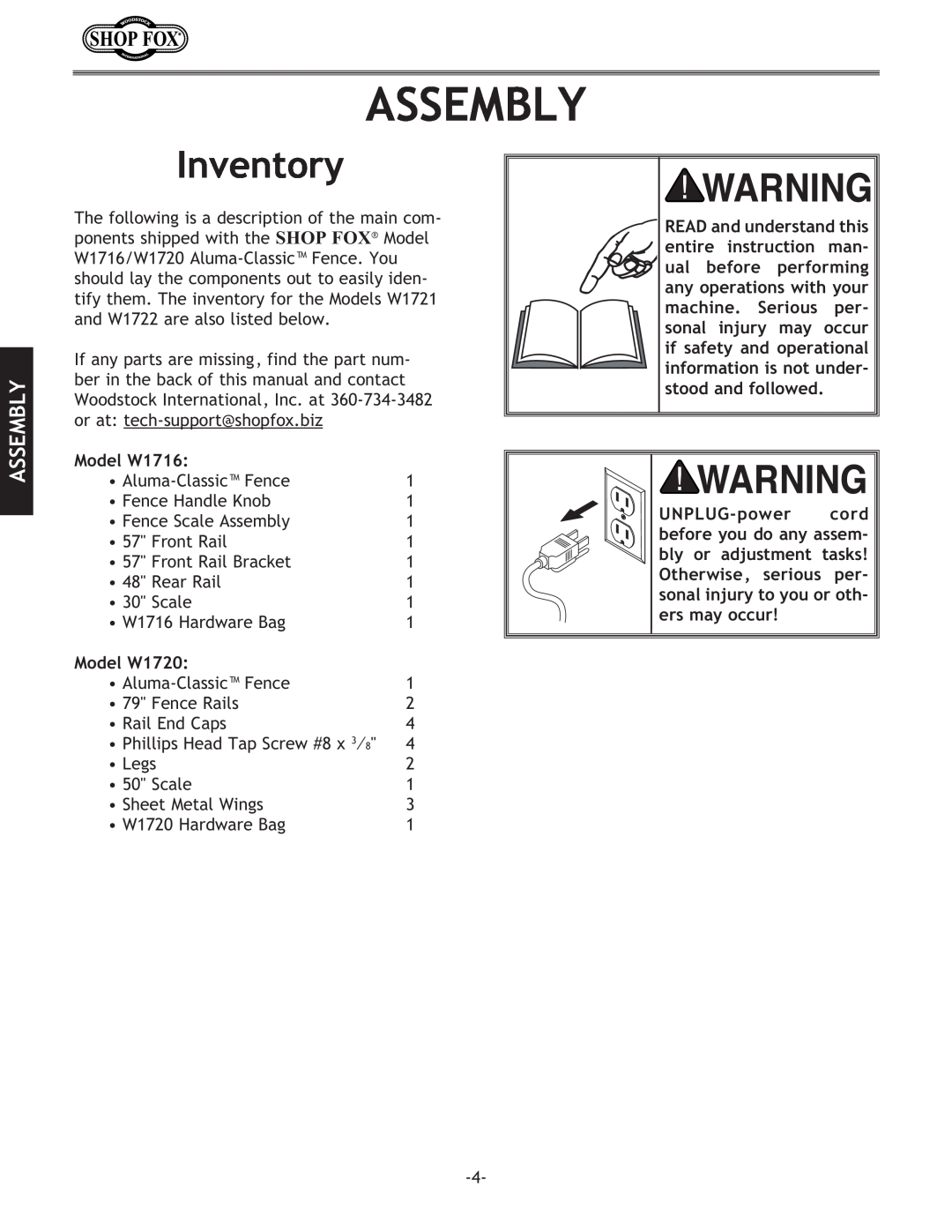 Woodstock W1716 instruction manual Assembly, Inventory 