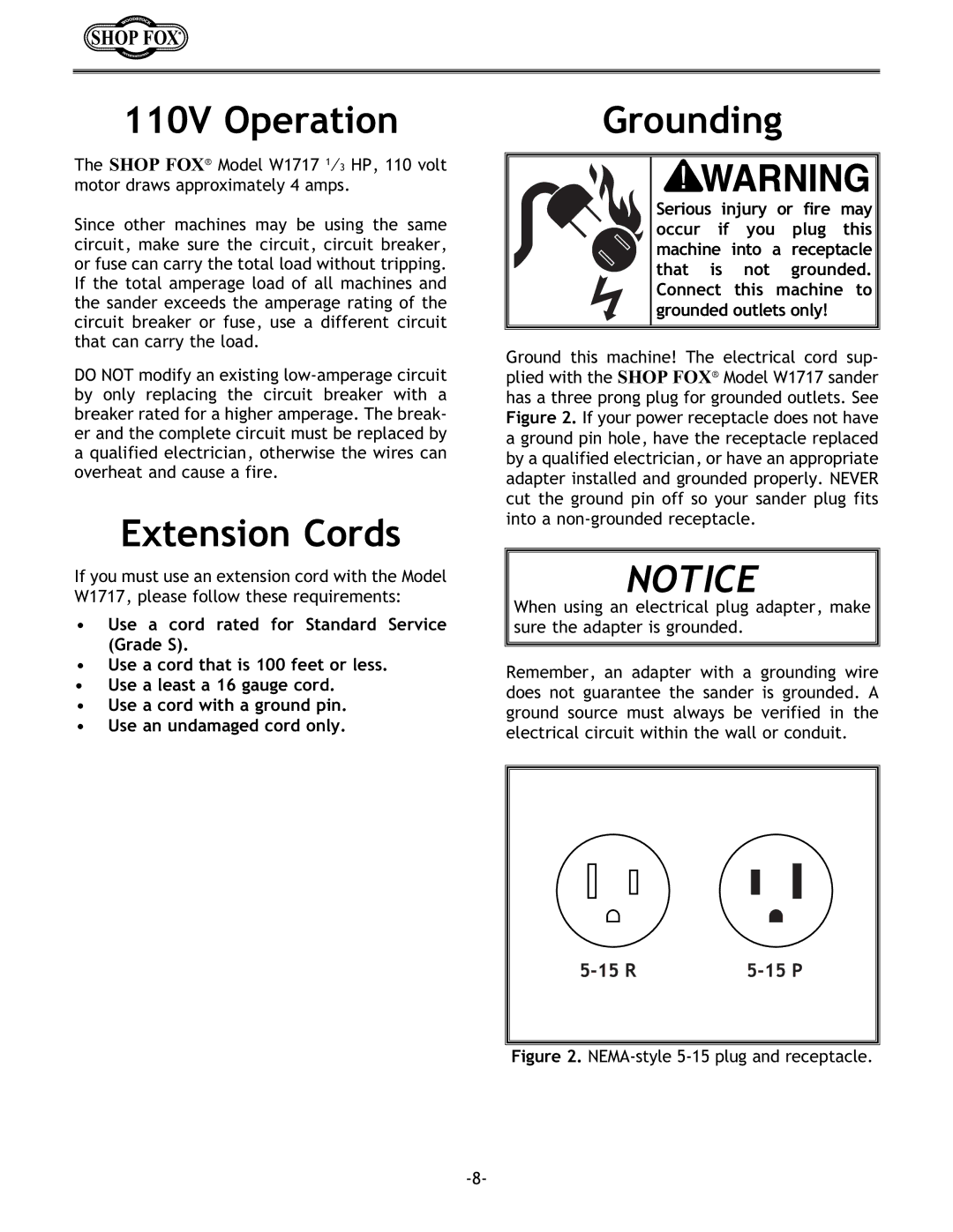 Woodstock W1717 instruction manual 110V Operation, Extension Cords, Grounding 