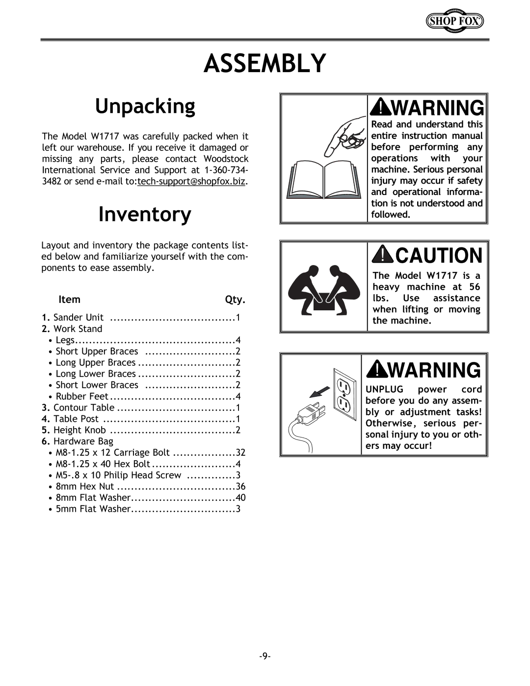 Woodstock W1717 instruction manual Assembly, Unpacking, Inventory 