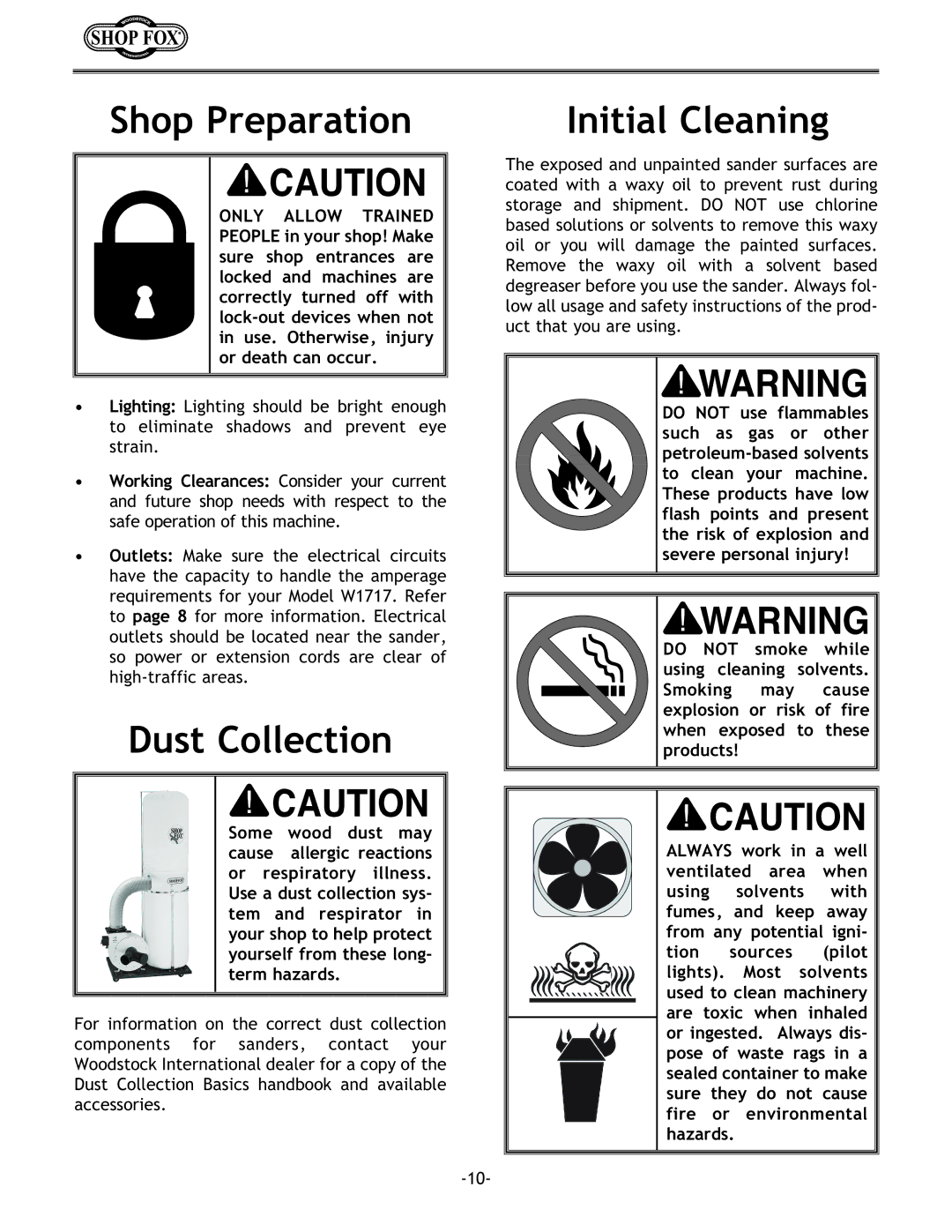 Woodstock W1717 instruction manual Shop Preparation, Dust Collection, Initial Cleaning 