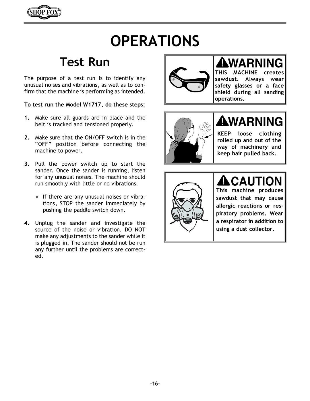 Woodstock W1717 instruction manual Operations, Test Run 