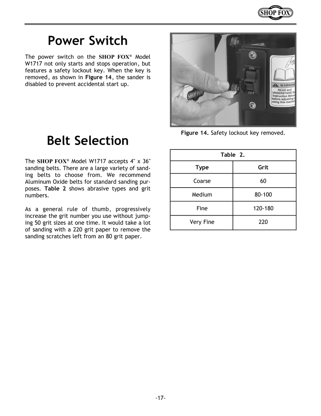 Woodstock W1717 instruction manual Power Switch, Belt Selection 