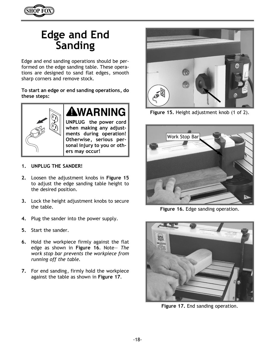 Woodstock W1717 instruction manual Edge and End Sanding, Height adjustment knob 1 Work Stop Bar 