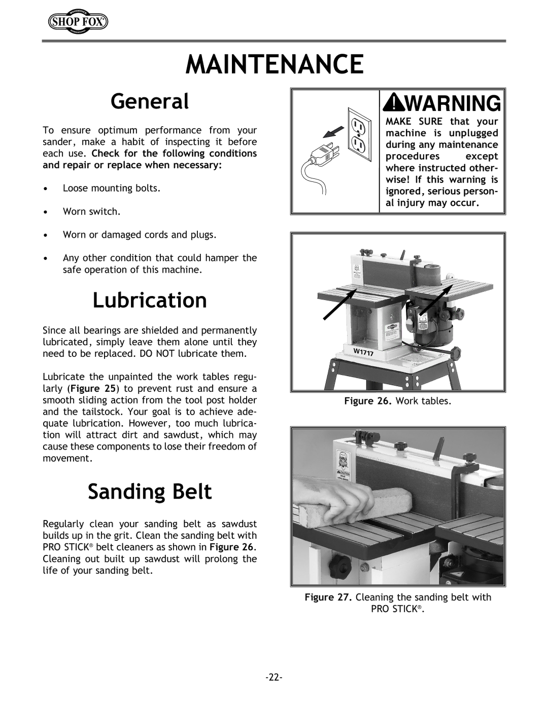 Woodstock W1717 instruction manual Maintenance, General, Lubrication, Sanding Belt 