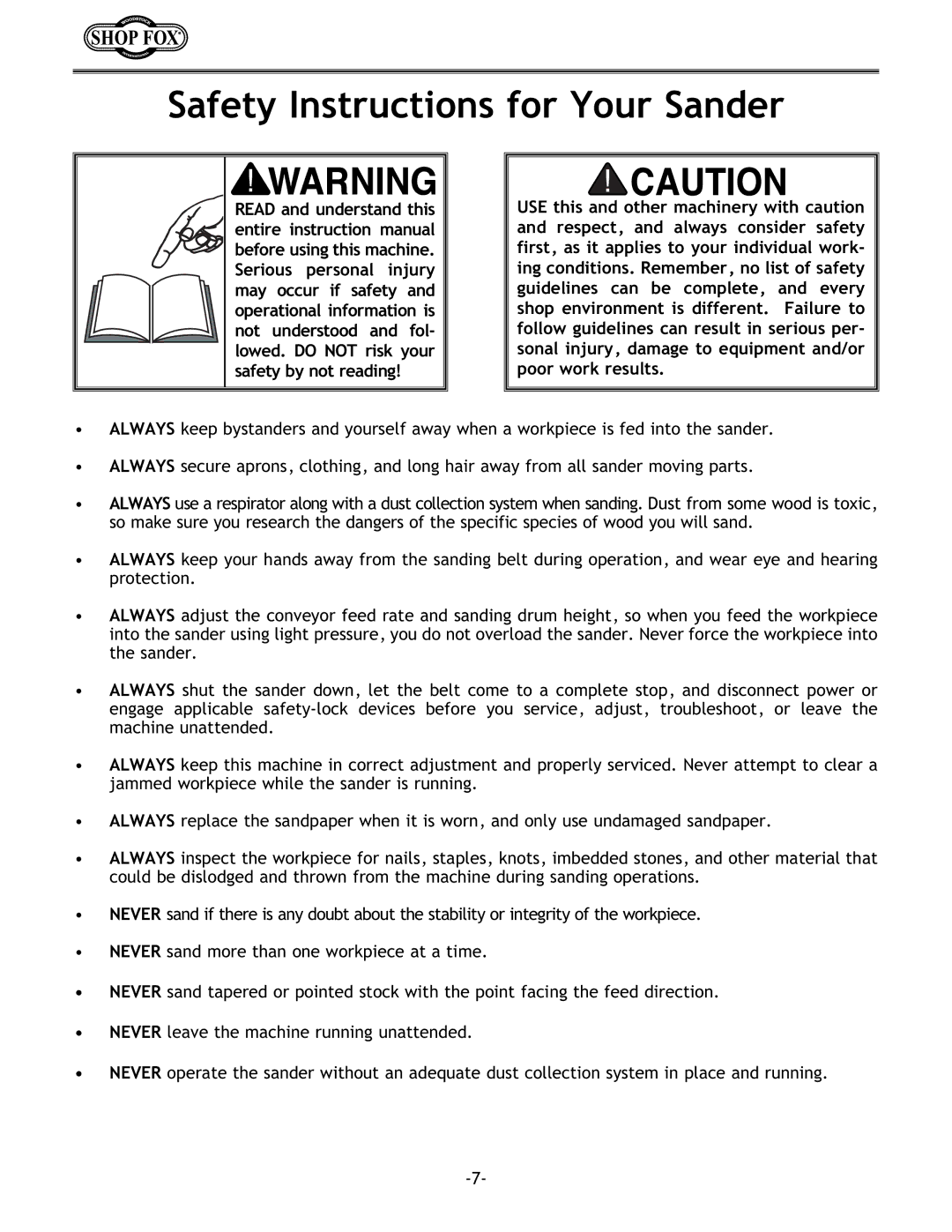 Woodstock W1717 instruction manual Safety Instructions for Your Sander 