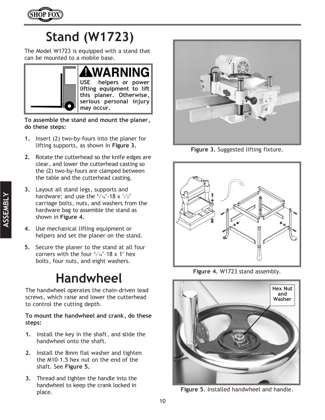 Woodstock W1724 instruction manual Stand W1723, Handwheel, To mount the handwheel and crank, do these steps 