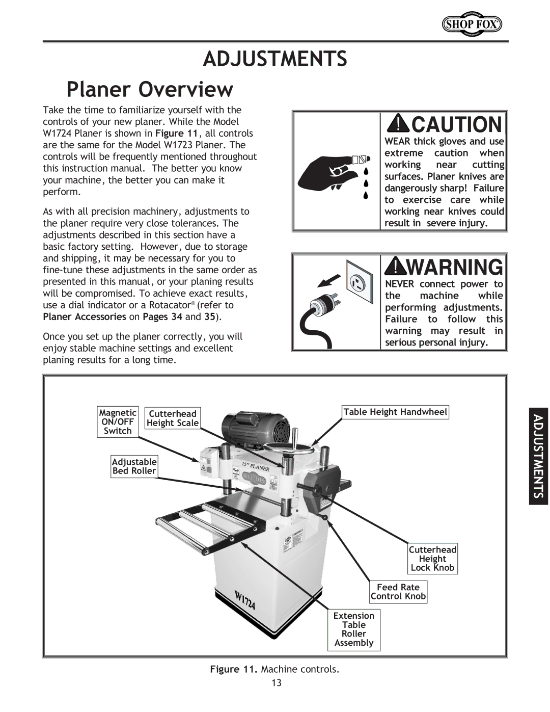 Woodstock W1724, W1723 instruction manual Adjustments, Planer Overview 