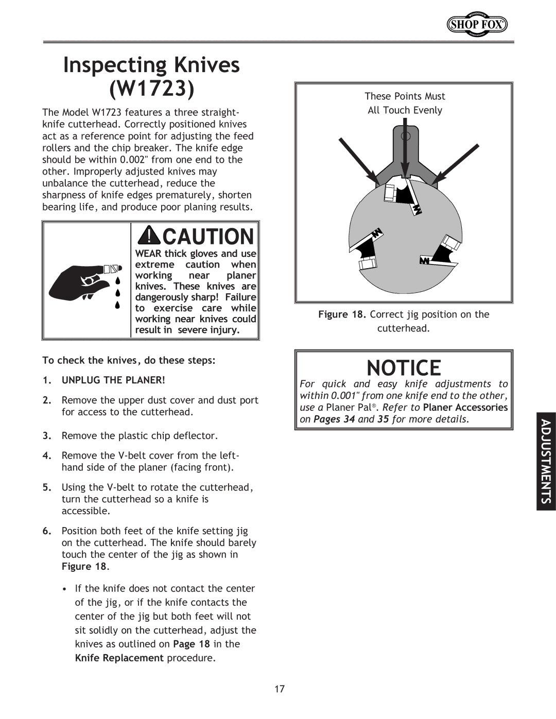 Woodstock W1724 instruction manual Inspecting Knives W1723, Knife Replacement procedure 