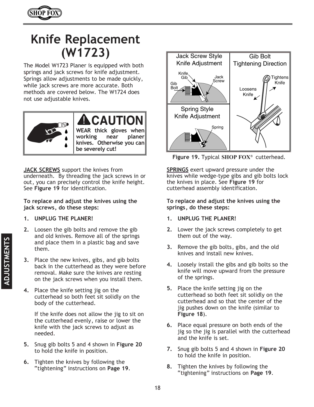 Woodstock W1724 instruction manual Knife Replacement W1723, Typical Shop FOX cutterhead 