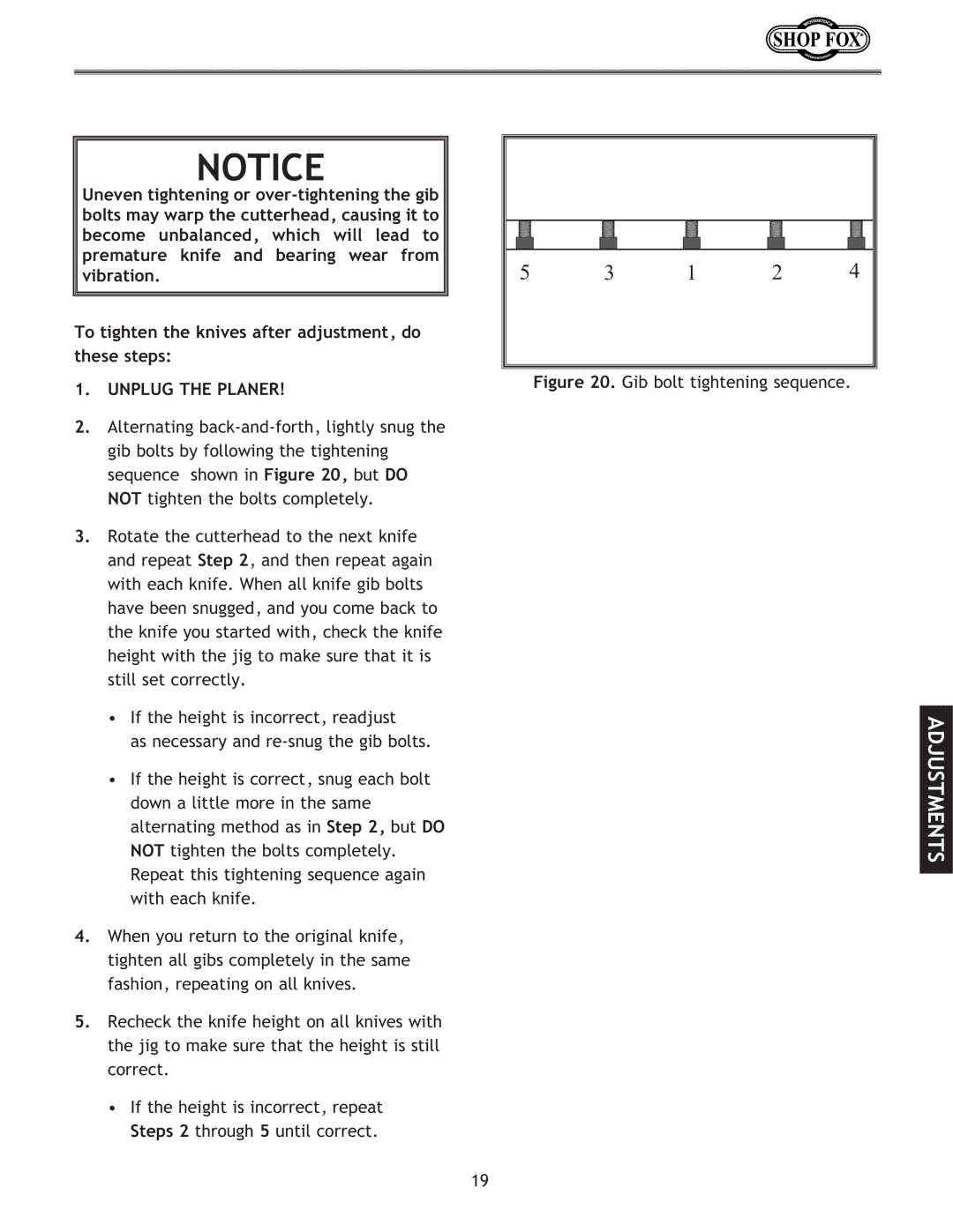 Woodstock W1724, W1723 instruction manual Gib bolt tightening sequence 