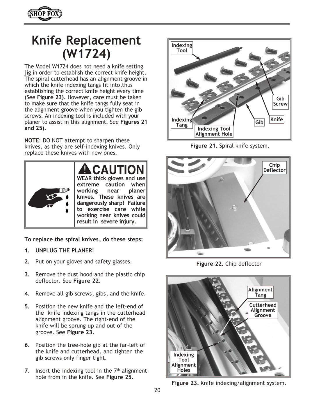 Woodstock W1723 instruction manual Knife Replacement W1724, Spiral knife system 