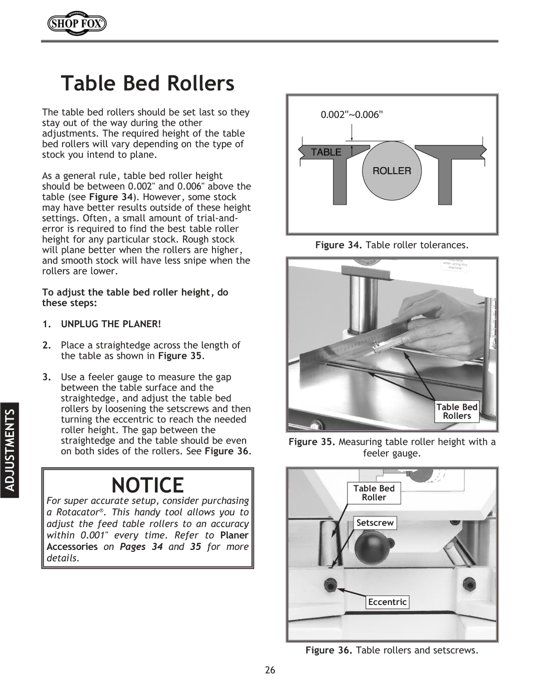 Woodstock W1723, W1724 instruction manual Table Bed Rollers, To adjust the table bed roller height, do these steps 