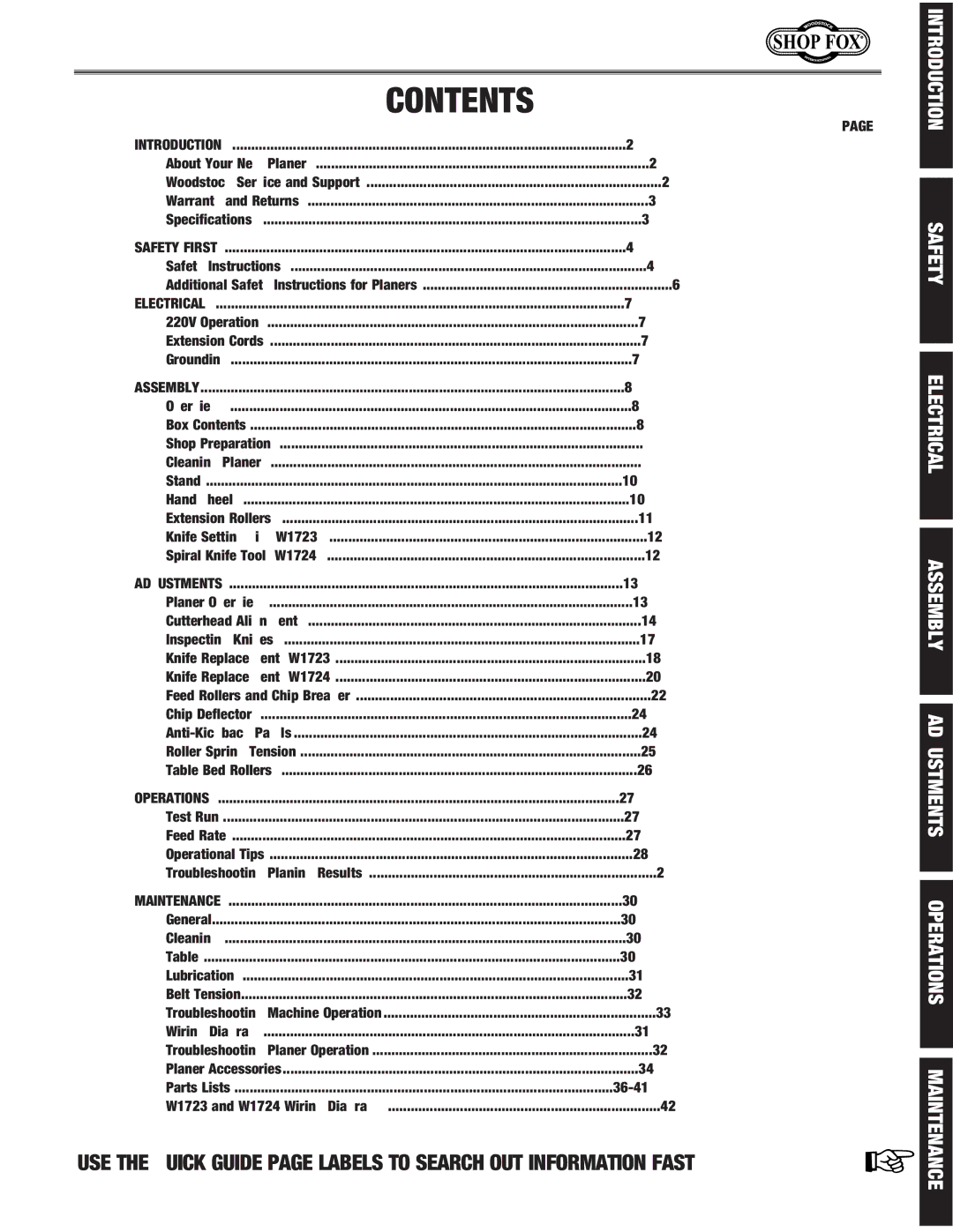 Woodstock W1724, W1723 instruction manual Contents 