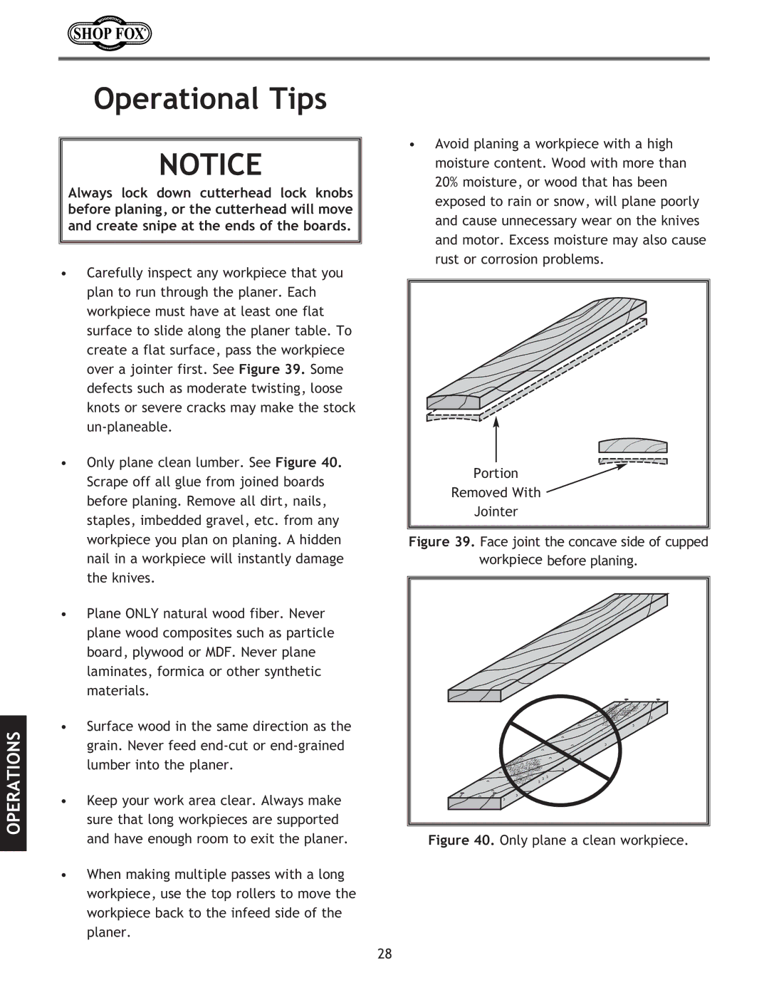 Woodstock W1723, W1724 instruction manual Operational Tips, Only plane a clean workpiece 