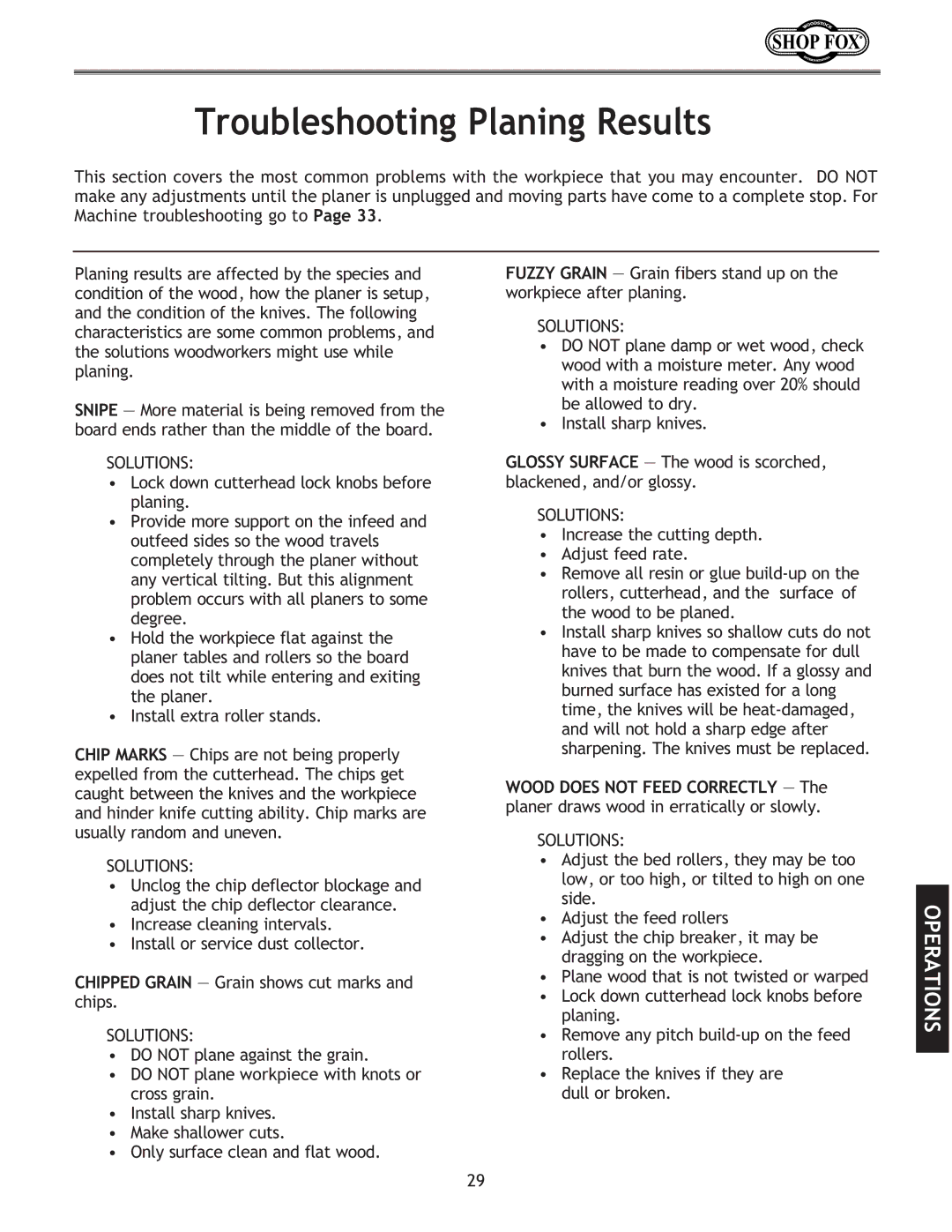 Woodstock W1724, W1723 instruction manual Troubleshooting Planing Results, Solutions 