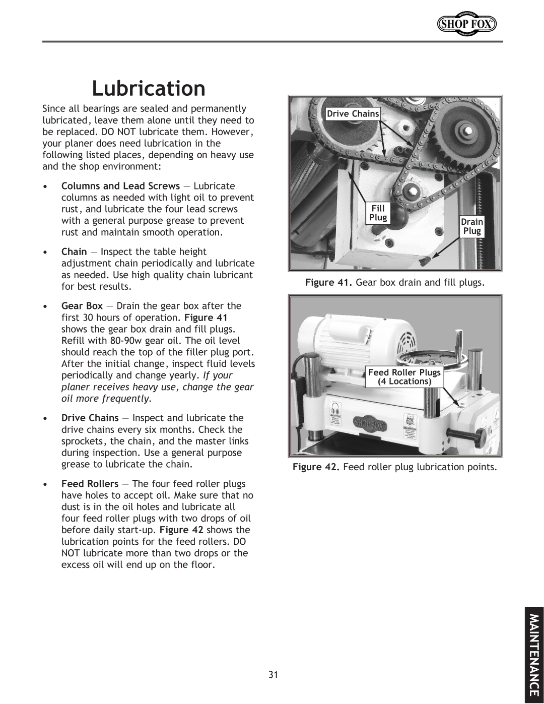 Woodstock W1724, W1723 instruction manual Lubrication, Gear box drain and fill plugs 