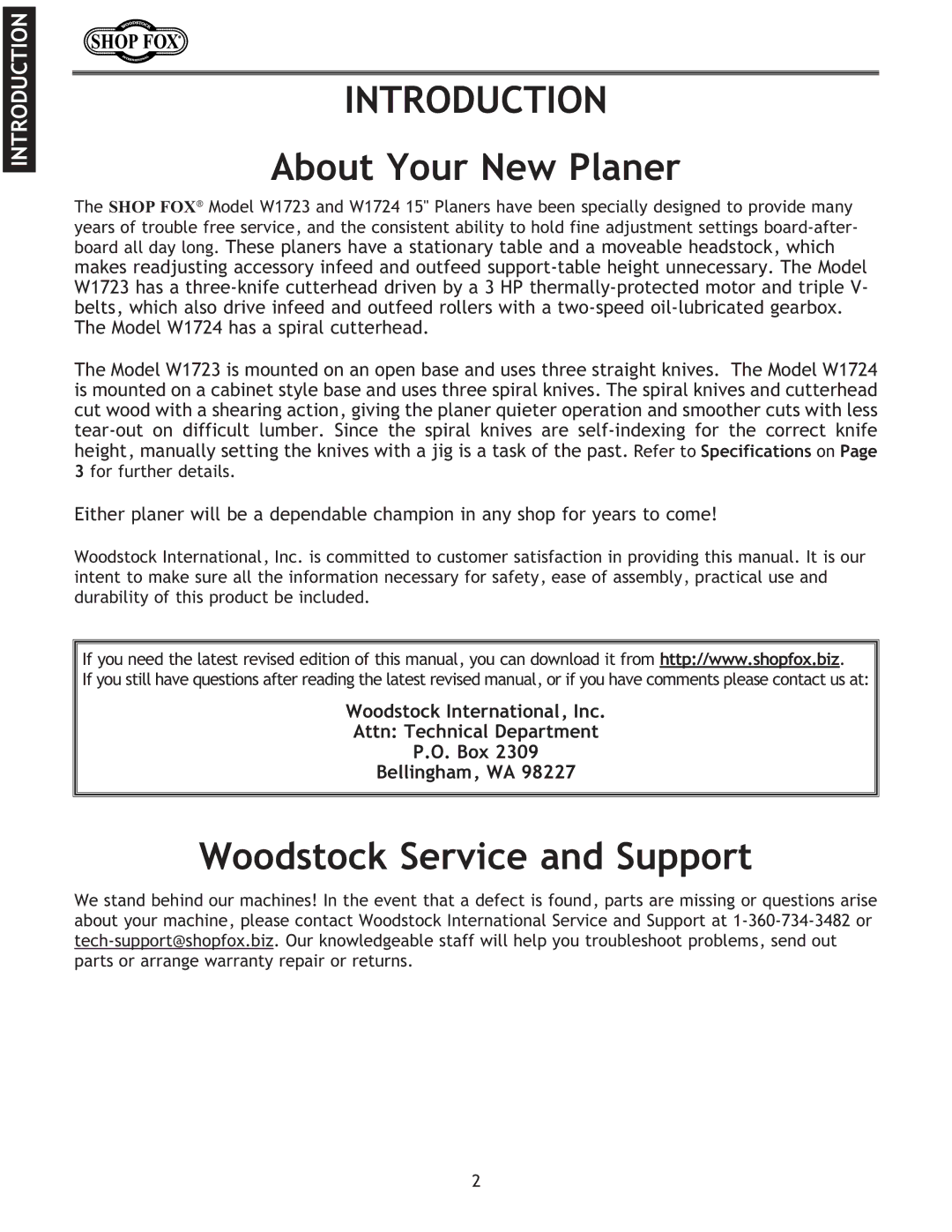 Woodstock W1723, W1724 instruction manual Introduction, About Your New Planer, Woodstock Service and Support 