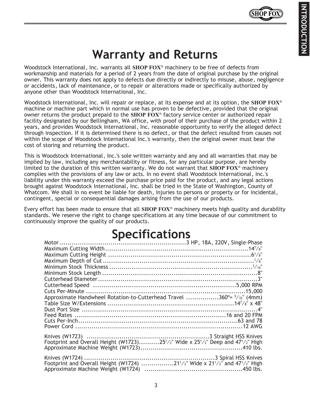 Woodstock W1724, W1723 instruction manual Warranty and Returns, Specifications 