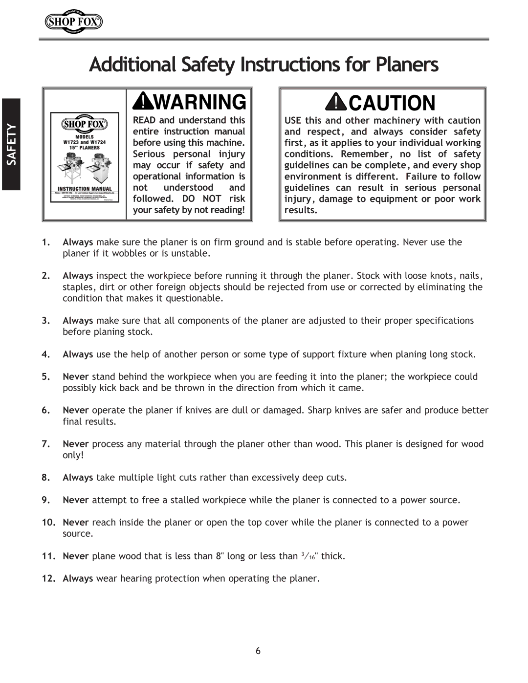 Woodstock W1723, W1724 instruction manual Additional Safety Instructions for Planers 