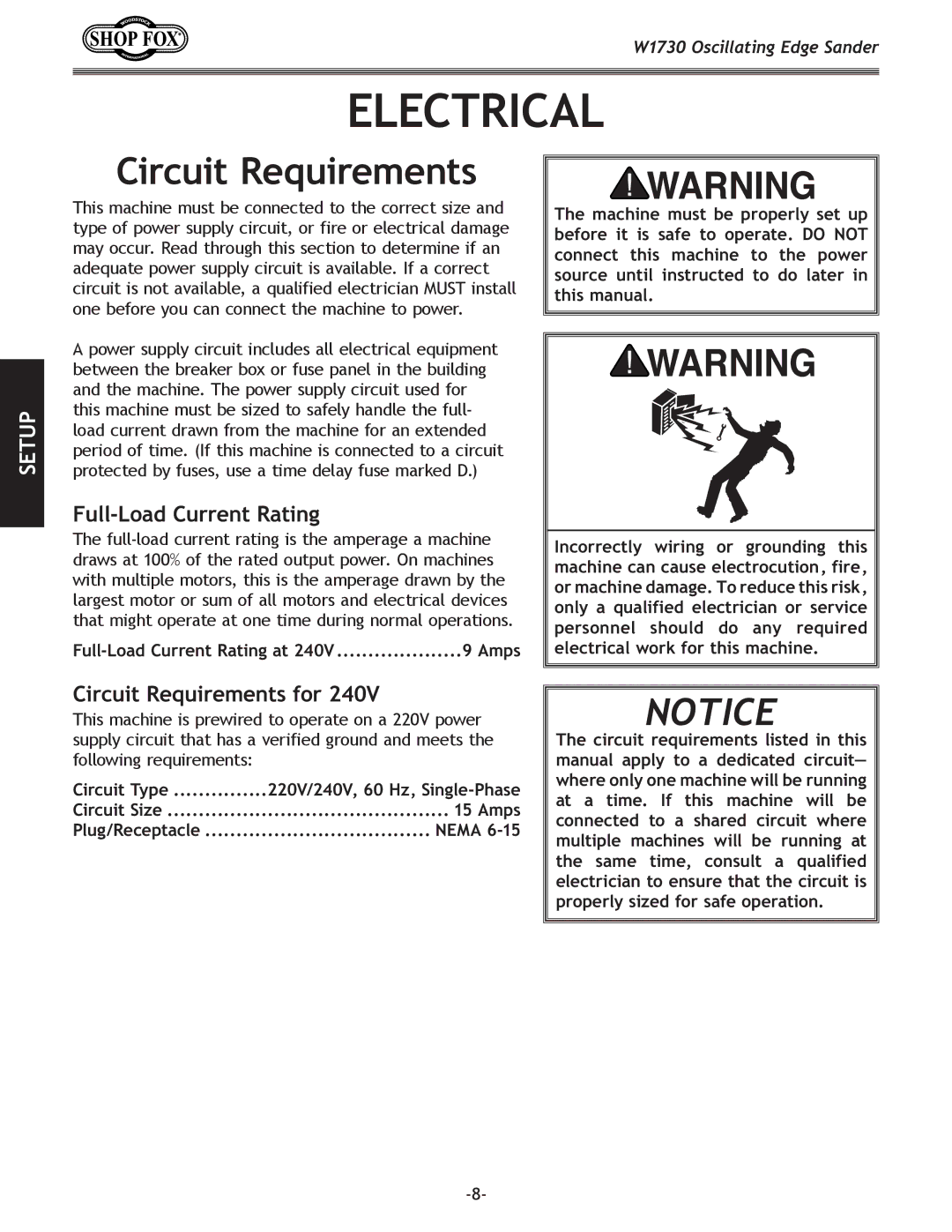 Woodstock W1730 manual Electrical, Circuit Requirements, Circuit Type, Nema 