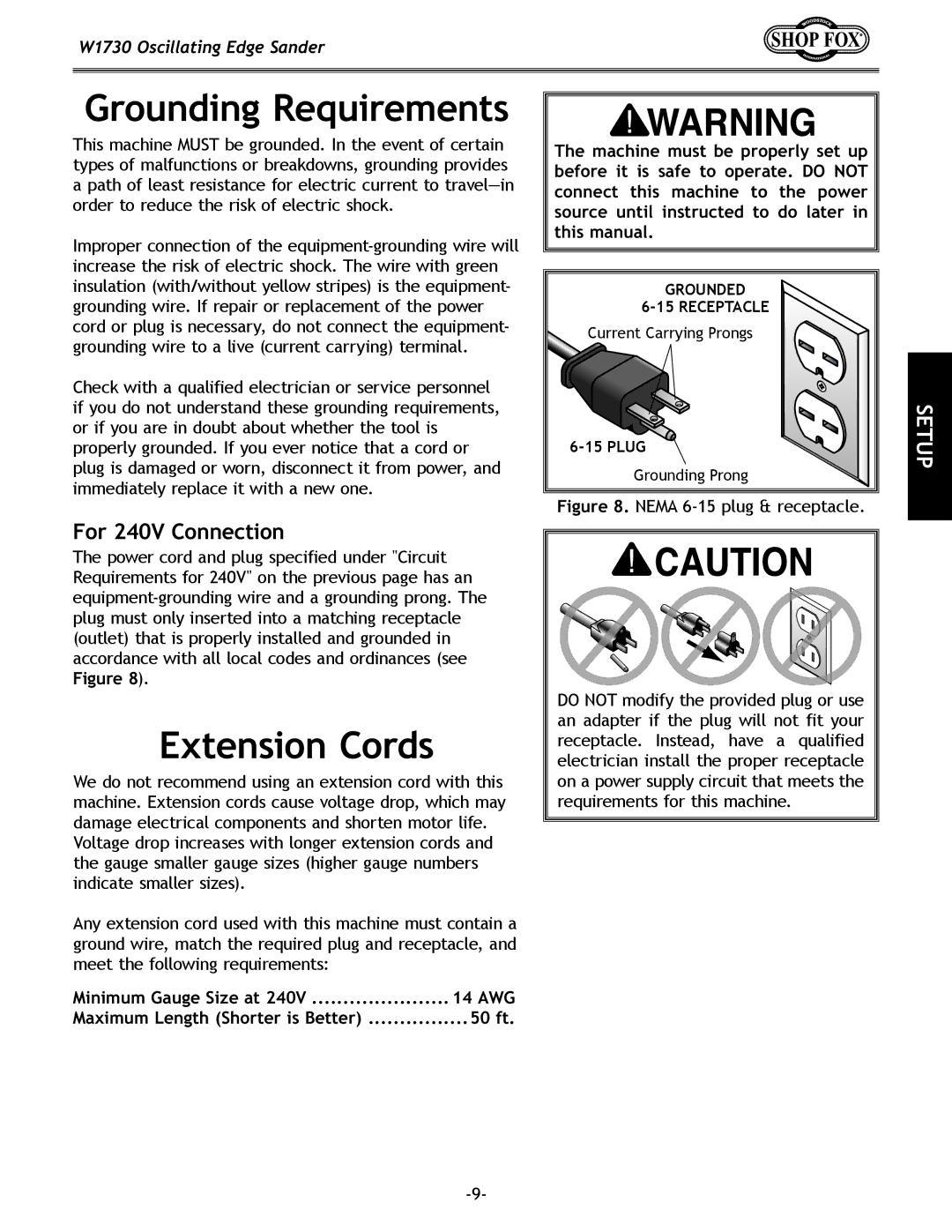 Woodstock W1730 manual Grounding Requirements, Extension Cords 