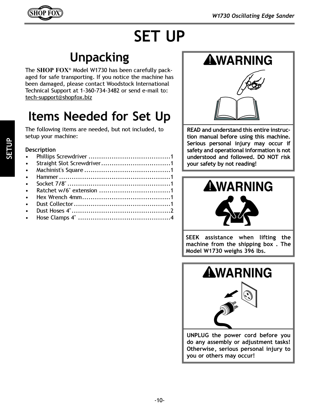 Woodstock W1730 manual Unpacking, Items Needed for Set Up, Description 