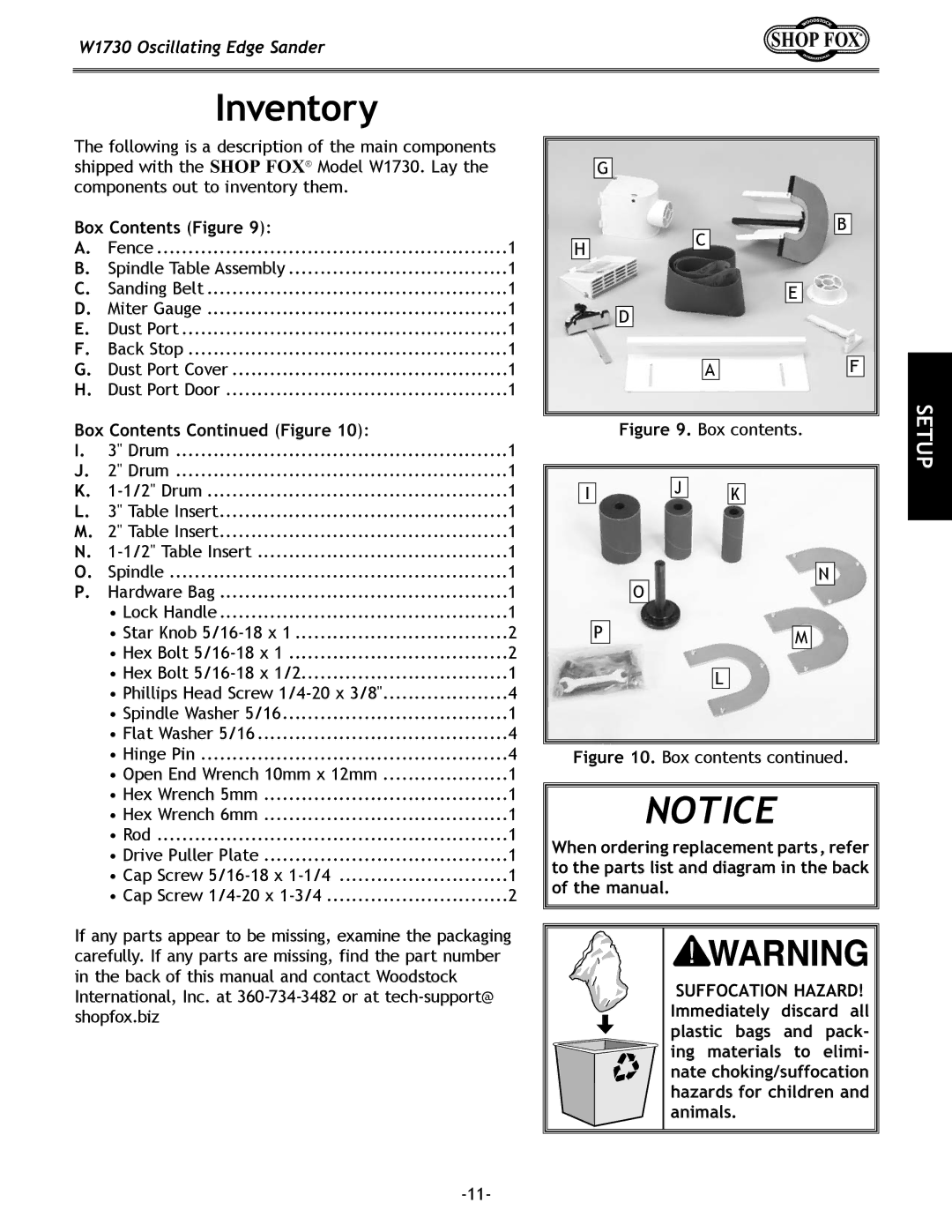 Woodstock W1730 manual Inventory, Box Contents Figure 