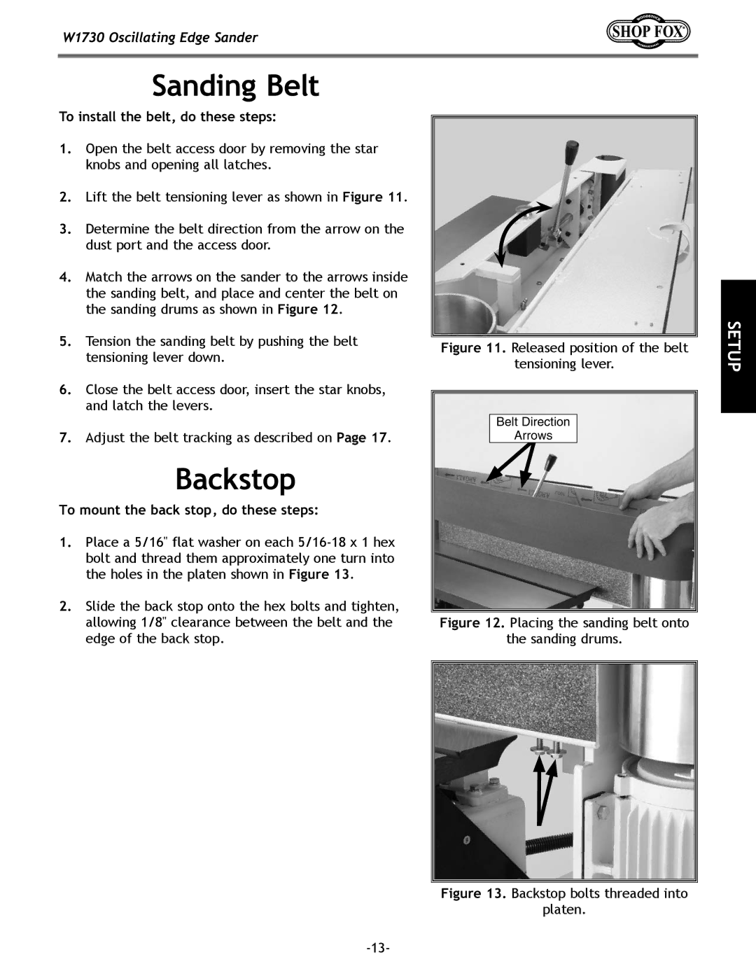 Woodstock W1730 manual Sanding Belt, Backstop, To install the belt, do these steps, To mount the back stop, do these steps 