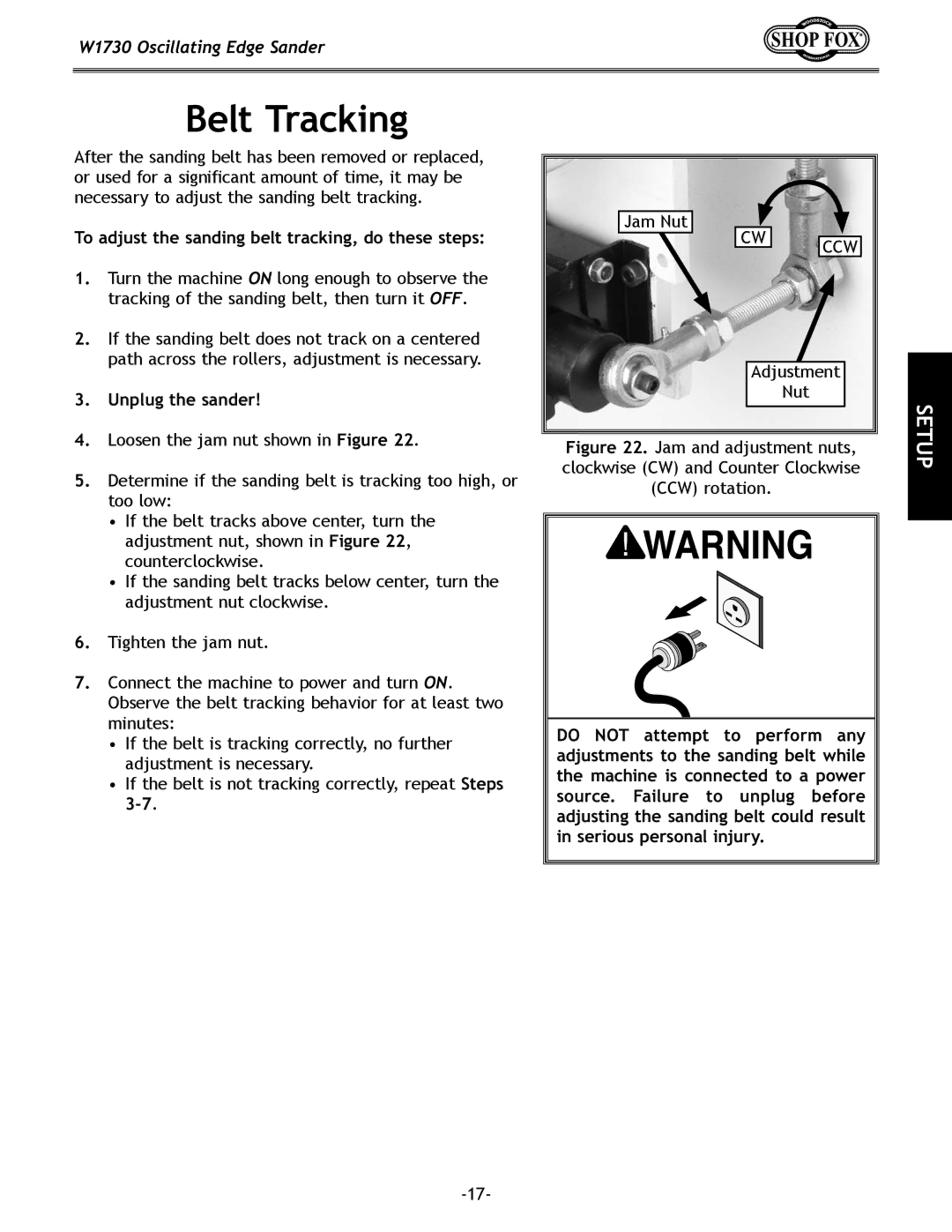 Woodstock W1730 manual Belt Tracking, To adjust the sanding belt tracking, do these steps, Unplug the sander 